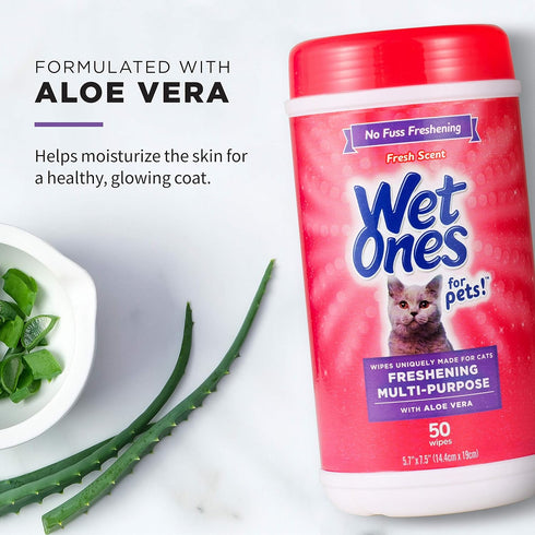 Wet Ones for Pets Freshening Wipes for Cats, Aloe Vera Fresh Scent, Easy to Use Cat Cleaning Wipes, 50 Count