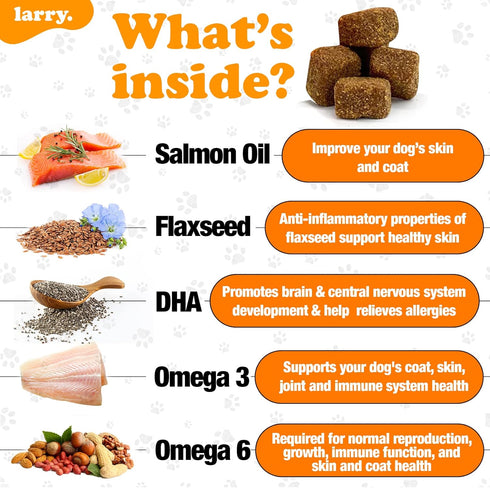 Salmon Oil for Dogs by Larry, Dog Supplements for Itchy Skin & Allergy Relief, 120 Soft Chews for All Breeds