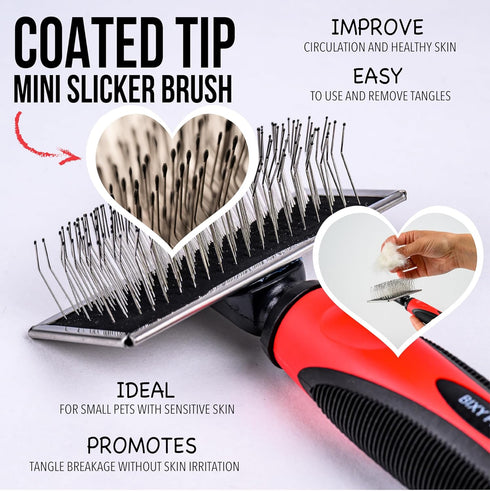 Slicker Brush for Small Dogs and Poodles - Coated Tips Massages Pet Skin - Cat Slicker Brush for Long Haired Cats - Wire Doodle Brush with Extra Long Pins Removes Mats and Tangles - Bixy Pixy Mini