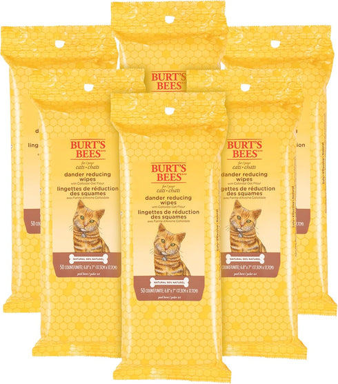 Burt's Bees for Pets Cat Naturally Derived Dander Reducing Wipes - 50 Count, Cruelty Free, Made in the USA, 6 Pack