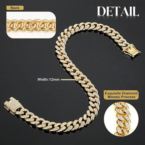 Dog Chain Diamond Collar, Walking Metal Chain Collar with Secure Buckle for Small Medium Large Dogs (Gold, 28 Inch)