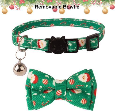ADOGGYGO Christmas Cat Collar Breakaway with Bowtie Bell - 2 Pack Santa Snowflake Xmas Kitten Collar with Removable