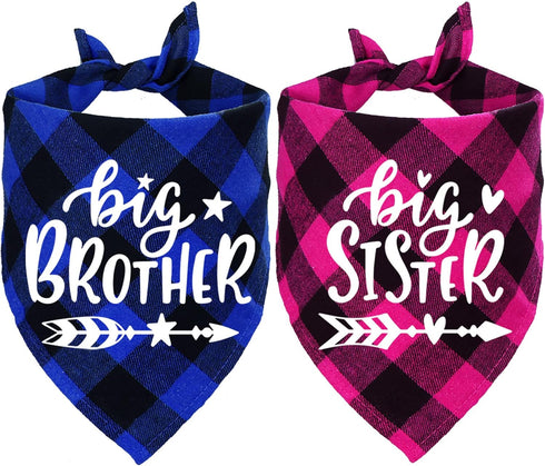 STMK Big Brother Big Sister Dog Bandana, Pregnancy Announcement Plaid Gender Reveal Photo Prop for Dogs