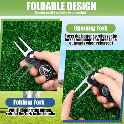 Golf Divot Repair Tool with Monogrammed Initial Golf Ball Marker, Foldable Metal Tool with Magnetic Putt