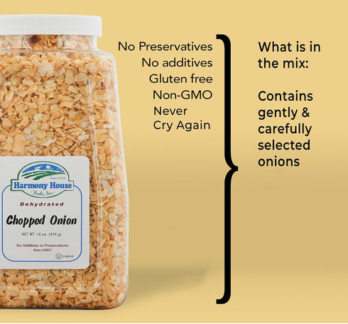 16 Harmony House Foods, Dried Onions, Chopped, Ounce Quart Size Jar