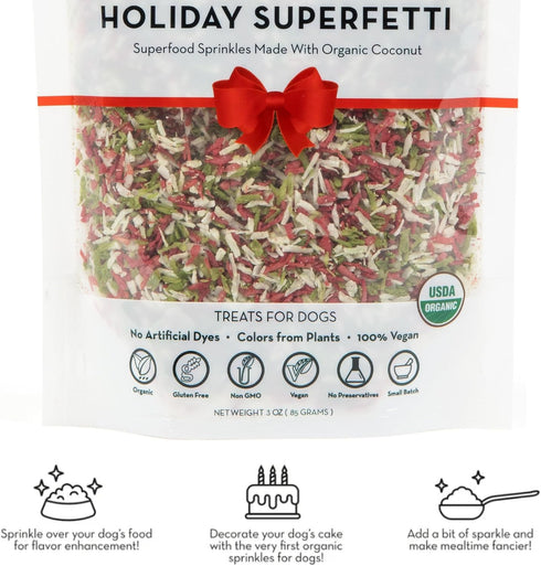 Holiday SuperFetti Dog Sprinkles 3oz - Organic Food Topper Made from Coconut, Red & Green Treat
