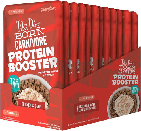 2.1 oz. (12 Count) (Pack 2) Tiki Dog Born Carnivore Protein Booster Dog Food Topper, Chicken and Beef Recipe in Broth