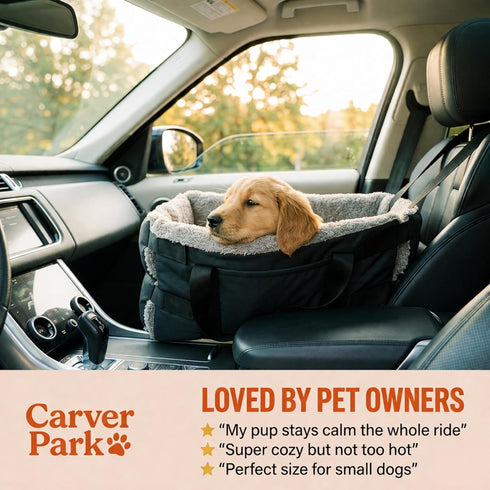 Carver Park Center Console Dog Seat for Small Dogs & Cats | Pet Car Seat with Safety Strap & Cushion | Portable Middle