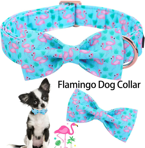 ARING PET Flamingo Dog Collar - Cotton Adjustable Summer Bowtie Collar with Metal Buckle