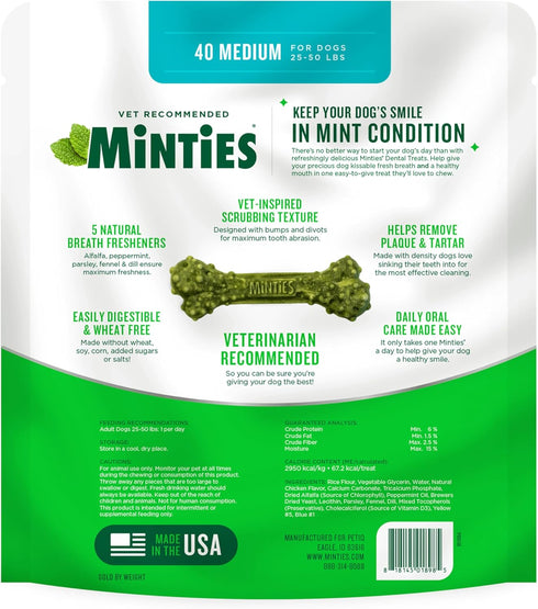 Minties Dental Chews for Dogs, 40 Count, Vet-Recommended Mint-Flavored Dental Bones for Medium Dogs 25-50 lbs