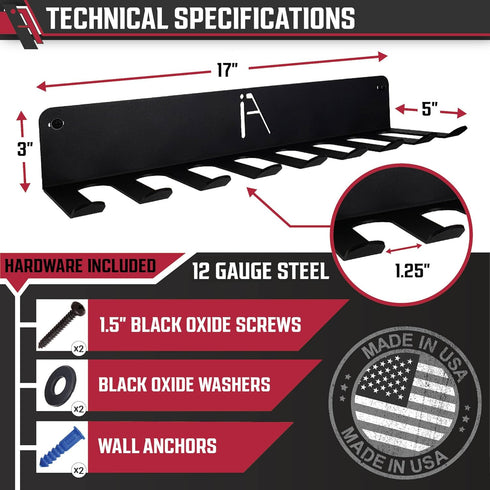 IRON AMERICAN USA Omega Gym Storage Rack - 9 OR 11 Hook Heavy-Duty Wall Organizer for Gym Accessories