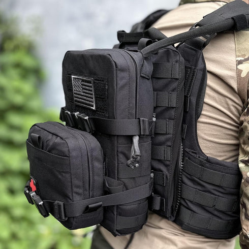 Tactical Mini Molle Hydration Pack - Hydration Carrier with IFAK Pouch, US Flag & Med Patch (Black)