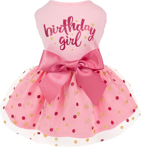Fitwarm Pink Birthday Girl Dog Tulle Dress, Dog Clothes for Small Dogs Girl, Cat Apparel, XX-Small