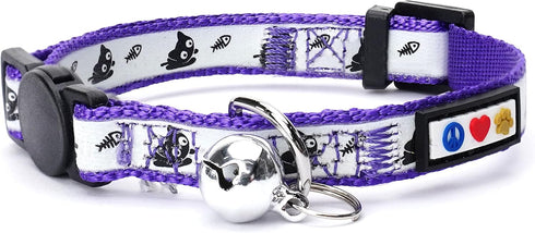 Pawtitas Glow In The Dark Cat Collar, Purple Lucky, with Safety Buckle and Bell