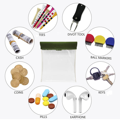Golf Tees Pouch Bag with Clip, Clear Transparent Pocket for Accessories & Valuables | 15 Bamboo Tees Included (Green)