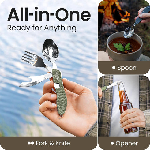 Orblue 4-in-1 Camping Eating Utensils, 2-Pack - Portable Spoon, Fork, Knife & Bottle Opener Combo Set - Stainless Steel