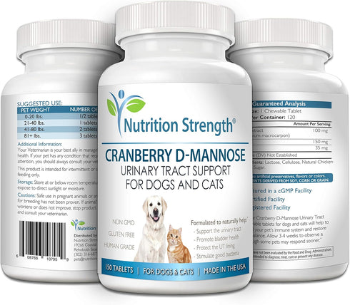 Cranberry D-Mannose for Dogs, UTI Support, Immune Health Supplement, 150 Chewable Tablets for Bladder