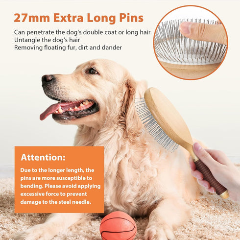 Dog Brush, Pin Brush for Dogs, 27mm Extra Long Pin Brush for Shedding, Beech Wood Material, Non-Slip Rubber Handle