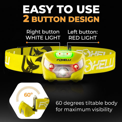 Foxelli USB-C Rechargeable LED Headlamp - Super Bright Lightweight Head Lamp for Running, Camping, Hiking & Work