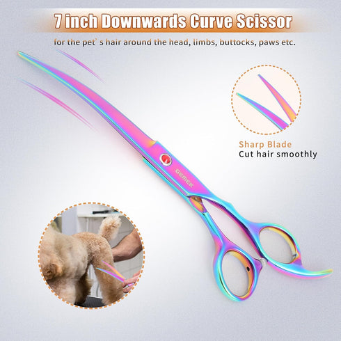7.0in Set, 6 1 Titanium Professional Pet Grooming Scissors GEMEK in Straight & Thinning & Upwards Curved & Downwards