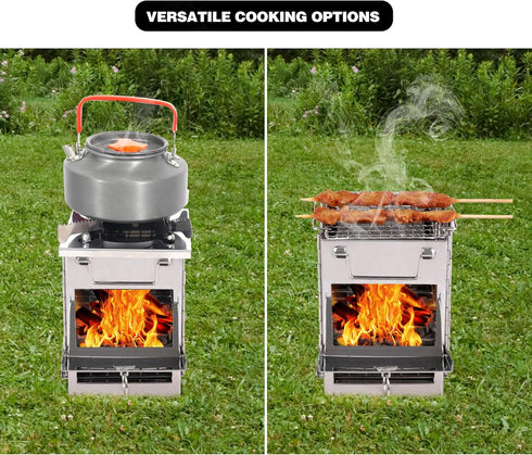 REDCAMP Wood Burning Camping Stove with Pot Stand, Folding Stainless Steel Backpacking Stove for Outdoor Cooking