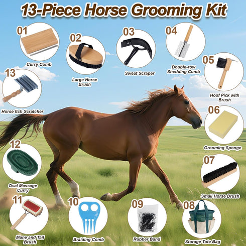 DigNew 13-Piece Set Horse Grooming kit for Daily Care,Complete Horse Supplies with Wood Brushes, Tack Essentials, Curry