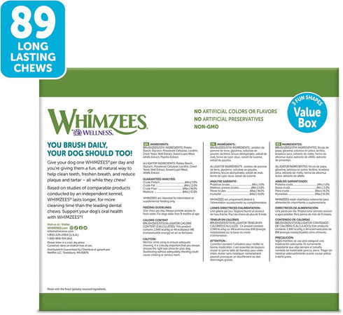 WHIMZEES by Wellness Value Box Natural Dental Chews for Dogs, Long Lasting Treats, Grain-Free, Small Breed, 89 count