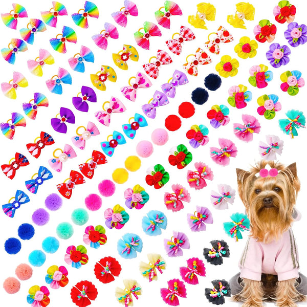 100pcs Dog Hair Bows, Bulk Tiny Pet Grooming Bows with Rubber Bands for Small Dogs, Handmade Yorkie Bows