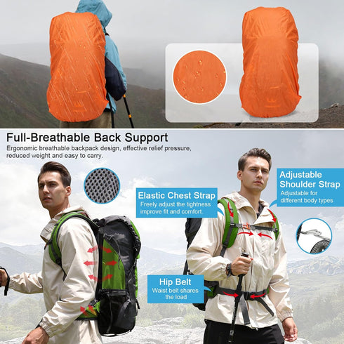 ShowyLive 60L Waterproof Hiking Backpack for Men - Durable, Lightweight with Rain Cover and Adjustable Straps, Blue