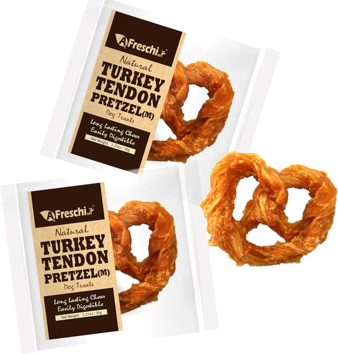 Afreschi Natural Turkey Tendon Pretzel (M) - Pack of 2 Dog Treats, All Natural Human Grade Chew, Hypoallergenic
