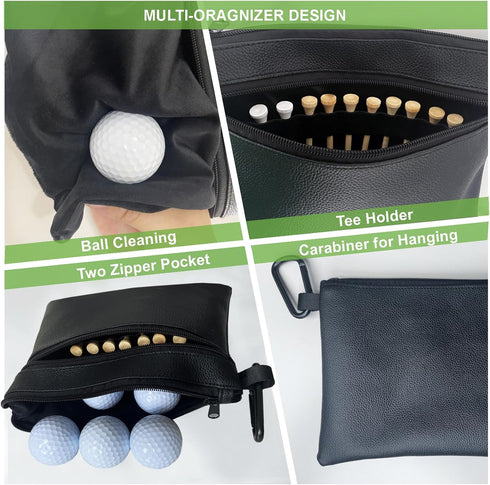 Golf Ball Pouch Tee Holder, Leather Waist Bag, Zippered Golf Accessory Pouch