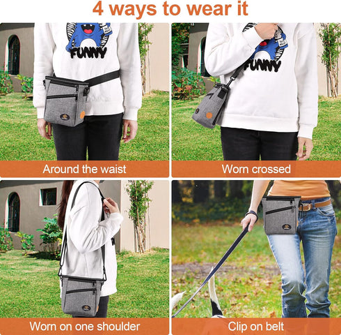 Ownpets Dog Training Pouch: Pet Treat Pouch with Collapsible Bowl, 4 Ways to Wear, Grey