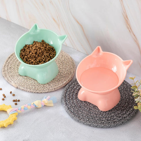 2 Pcs Plastic Elevated Cat Bowls, Tilted Cat Food and Water Bowls for Kittens, Pink and Green Cat Accessories