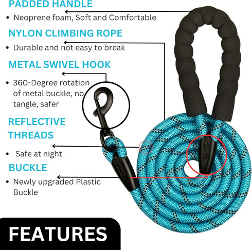 Rope Dog Leash 6ft, Heavy Duty Reflective Tangle-Free Rope with Padded Handle, Ideal for Walking, Running & Training