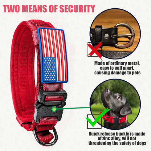 Tactical Dog Collar, Military Adjustable Nylon Dog Collar with Heavy Duty Metal Buckle and Handle for Training (Red, M)