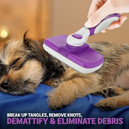 POODLIE Dog Grooming Brush, Self Cleaning Slicker Brush for Dogs and Cats, Purple