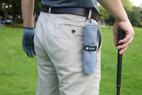 Handy Picks Microfiber Golf Towel (16" X 16") Grey with Carabiner Clip, Waffle Pattern Hook and Loop Fastener