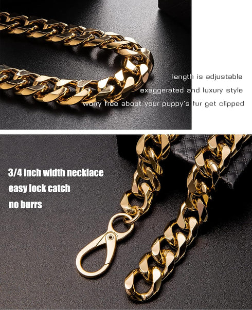 Gold Chain Dog Collar - 3/4 Width Cuban Link Necklace, Cute Fashion Pet Collar for Pit Bulldog, Light Metal Jewelry