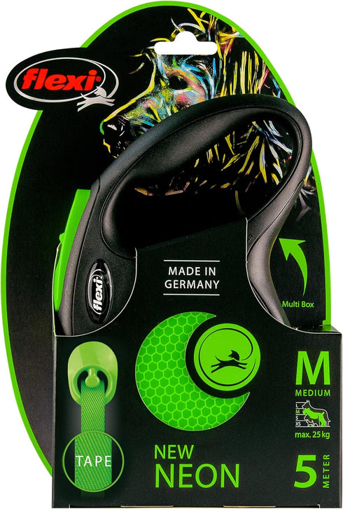 Flexi New Neon Tape Green Medium 5m Retractable Dog Leash for Dogs up to 25kgs/55lbs