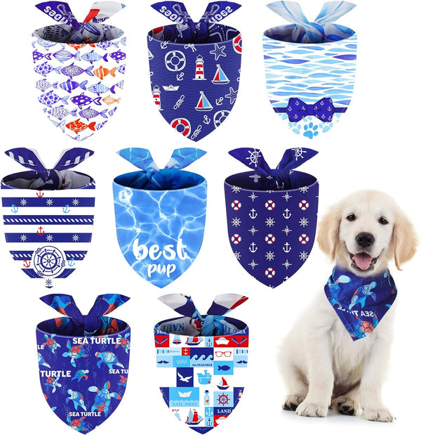 Xuniea 8 Pcs Nautical Dog Bandana - Summer Puppy Bandanas, Adjustable Washable Pet Bibs for Birthday Party Gifts