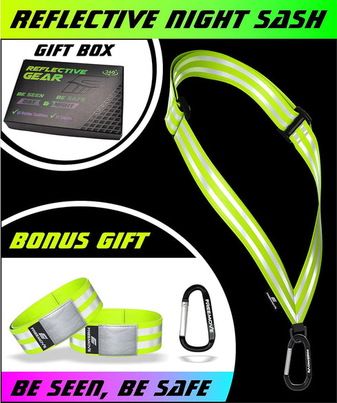 FREEMOVE Reflective SASH with 2 Bands - or - Reflective Runners Waist Belt with 4 Arm Bands > Easy to Put On/Off Reflective Gear for Guaranteed Visibility & Safety for Dog Walking, Running, Cycling