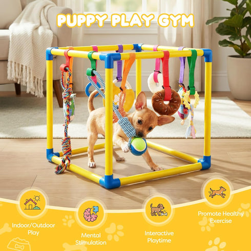 WooPetty 10 19.6" 10 Puppy Play Gym with Hanging Toys, Dog Jungle Gym PVC Frame with Interactive Enrichment Toys