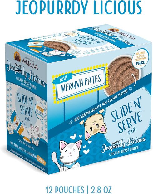 Weruva Slide N' Serve Paté Wet Cat Food, Jeopurrdy Licious Chicken Dinner, Pack of 12, 2.8oz Pouch