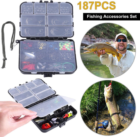 TOPFORT 187/343pcs Fishing Accessories Kit with Tackle Box, Includes Hooks, Weights, and Snaps