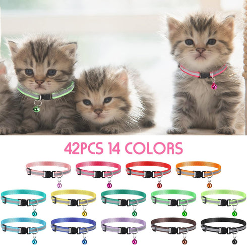 42 Pcs Puppy Collars for Litter, Adjustable ID Collars with Bell for Newborn Dogs and Cats, Reflective