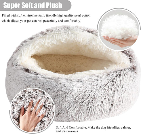 Calming Dog Beds & Cat Cave Bed with Hooded Cover, Removable Washable Round Beds for Small Medium Pets, Fits up to