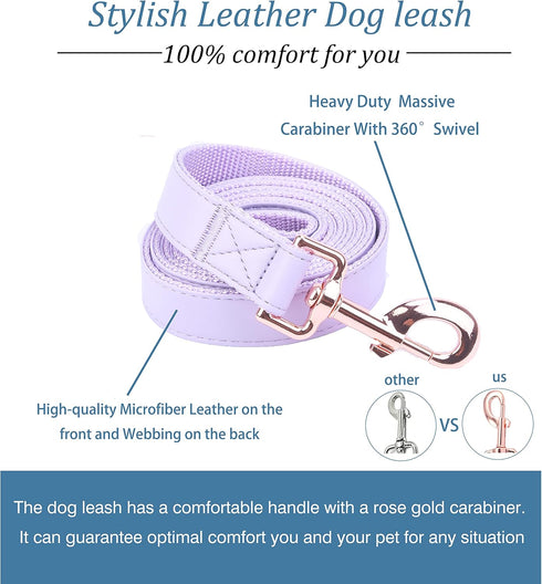 Dog Collar and Leash Set - Soft Vegan Leather with Rose Gold Metal Buckle for Small, Medium, and Large Dogs (Light