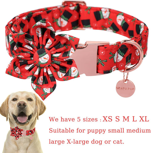 Christmas Dog Collar with Flower, Comfortable Collar for Puppy Girl Boy Dog or Cat, Durable Metal Buckle, XS, Neck