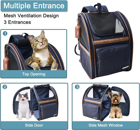 JESPET & GOOPAWS Collapsible Pet Carrier Backpack for Dogs and Cats, Breathable Mesh for Hiking and Camping (Navy Blue)