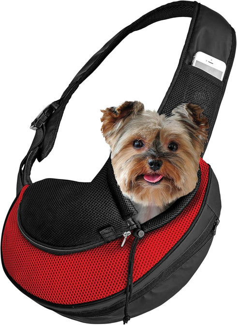 Expandable Pet Carrier Sling Bag, Small Dog and Cat Carrier Front Shoulder Backpack with Harness Strap (Red)